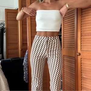 Motel Rocks Zoven Flare Trousers in Diagonal Checker Tan & Ivory
